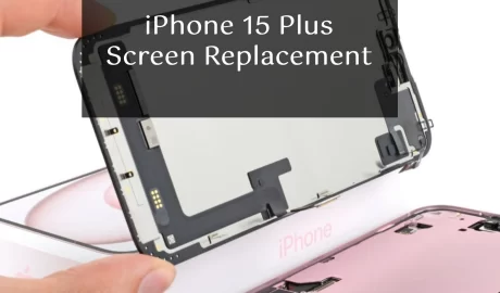 iPhone 15 Plus with repair tools and new screen