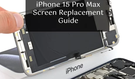 iPhone 15 Pro Max with screen replacement tools and new screen.