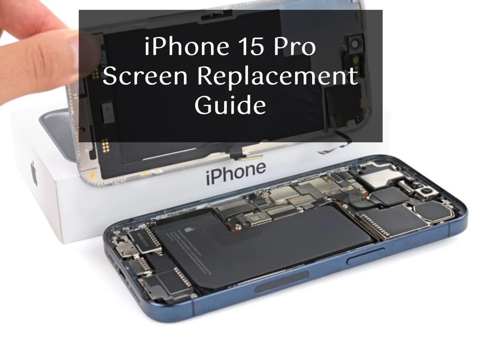iPhone 15 Pro with repair tools and new screen.